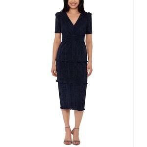 XSCAPE Pleated Sparkly Chiffon Midi Sheath Cocktail Dress Navy Blue Size 8
